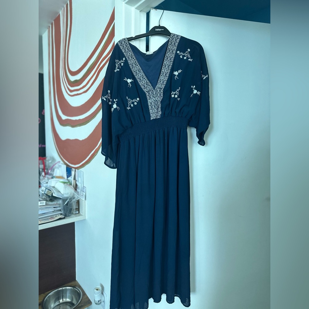En Creme Blue Dolman Sleeve V-Neck Sundress